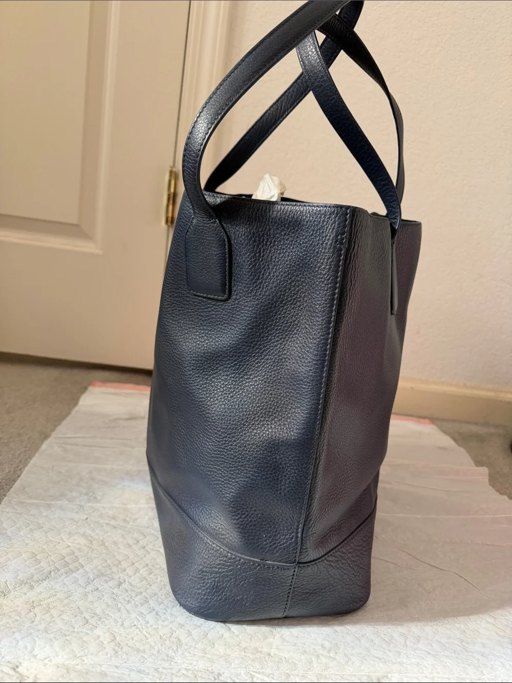 Tory Burch Navy Shoulder Tote with Gold Emblem